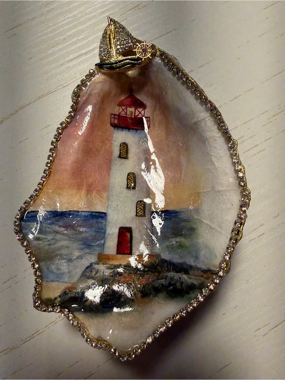 Handmade lighthouse decoupage Decorative Oyster Shell trinket dish